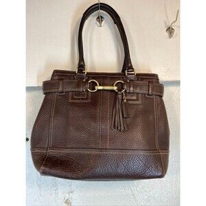 COACH WOMENS DOUBLE HANDLE TASSEL BROWN LEATHER SACHEL PURSE 15 X 8